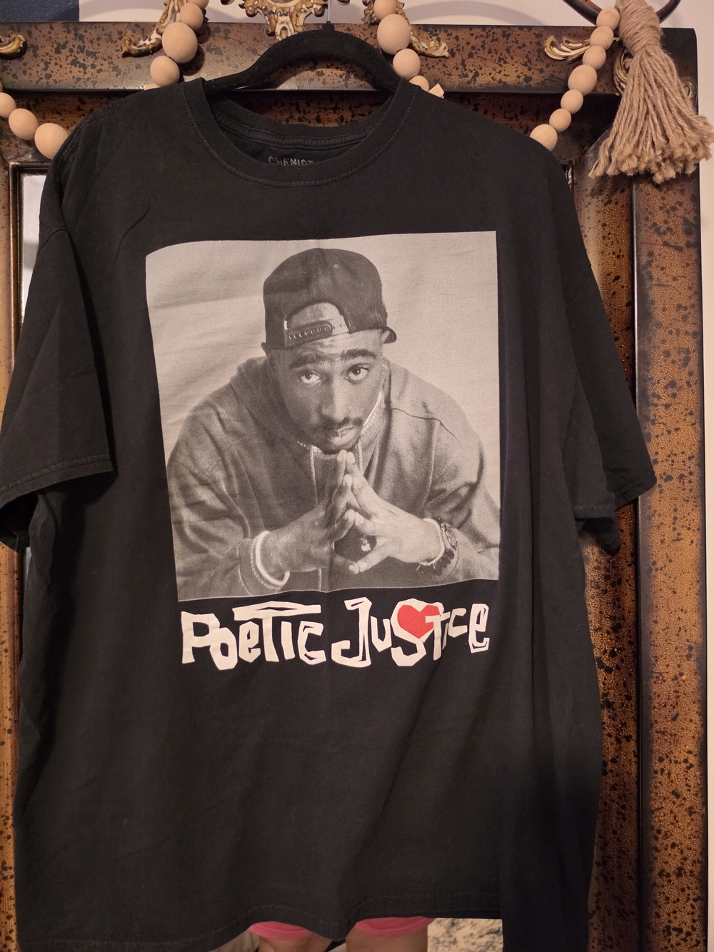 2Pac Chemistry Black Graphic Tee with Grayscale Photo and Red Heart Accent